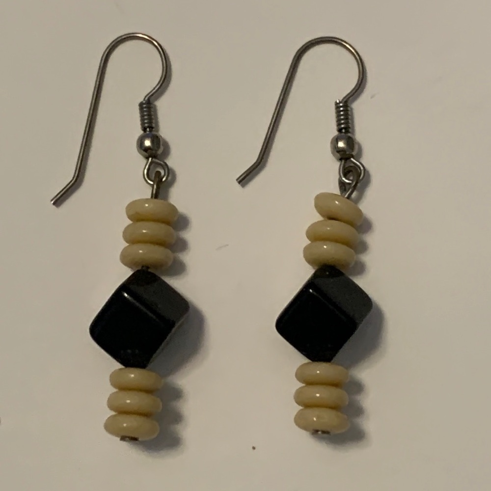 Vintage Off White and Black Beaded Dangle Earrings